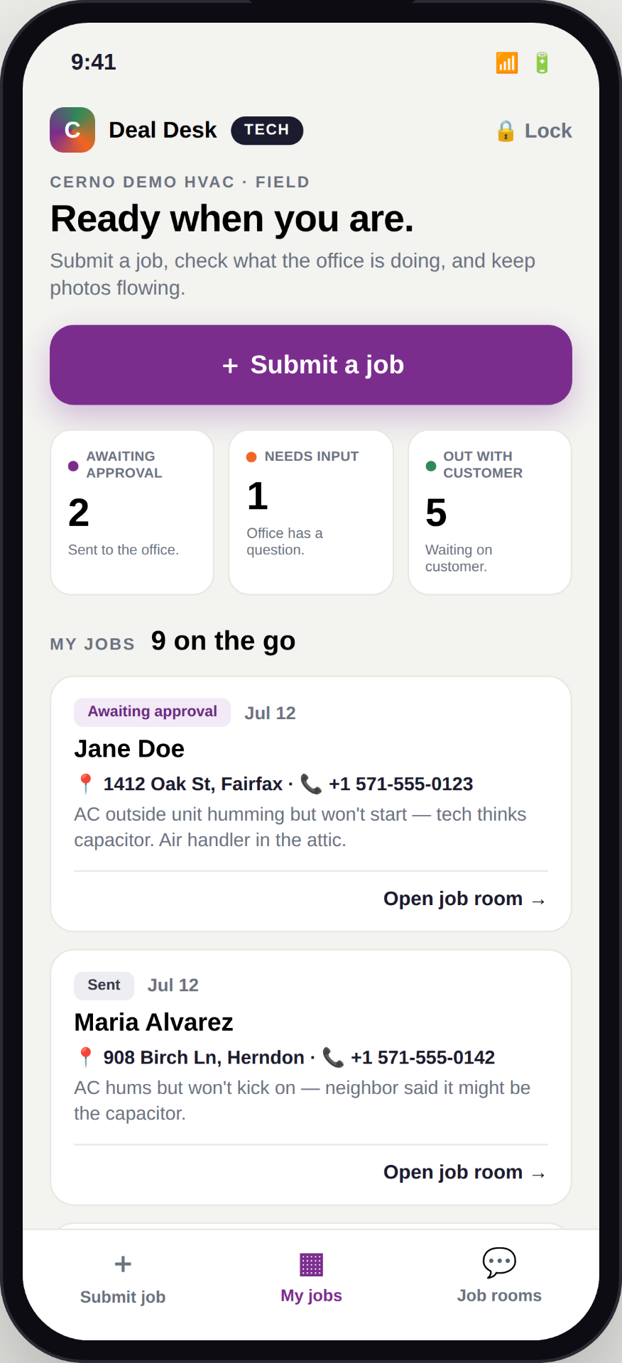 Cerno Deal Desk technician mobile view